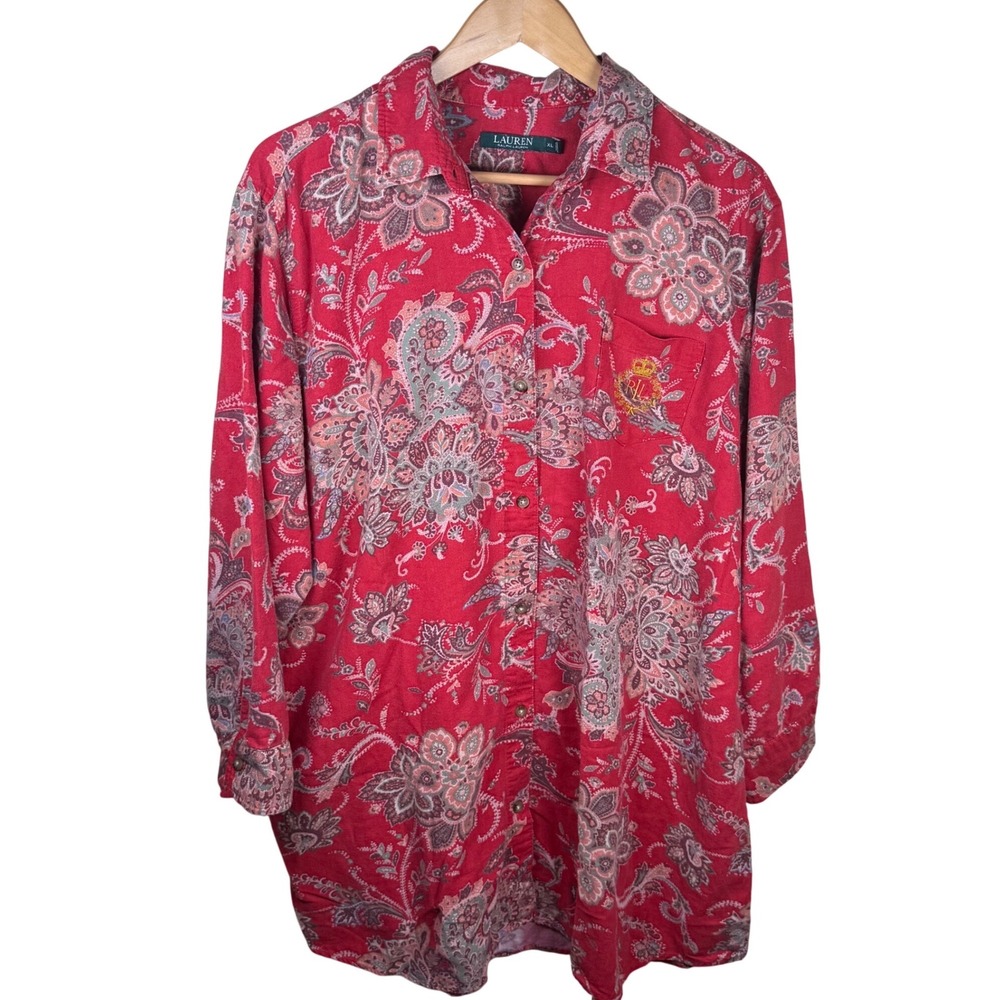 Lauren Ralph Lauren Pajama Top Womens XL Red Paisley‎ Monogram Sleep Shirt Comfy